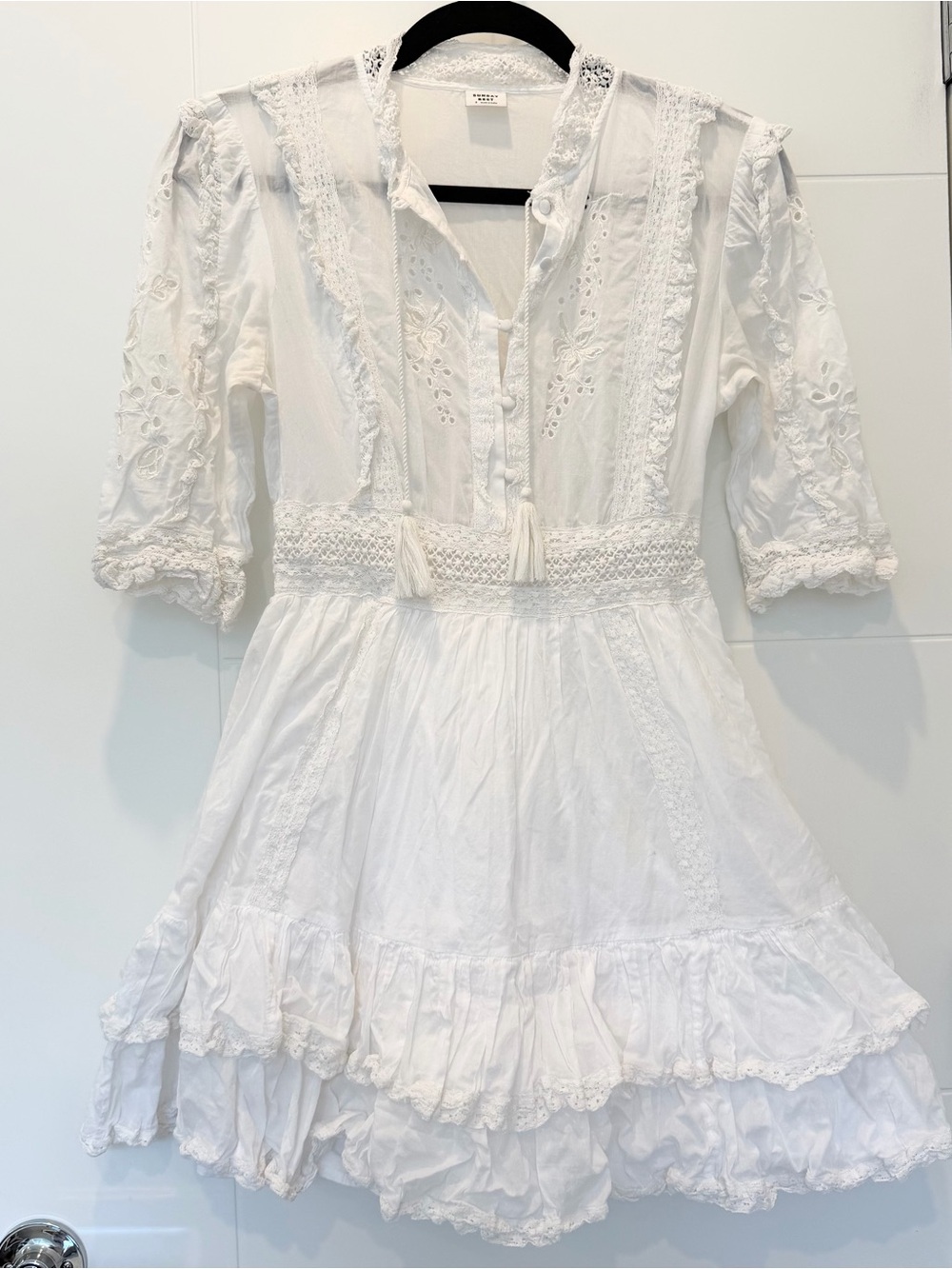 Sunday Best Boho Lace Trim Cotton Dress with Tassel Tie 2 - White